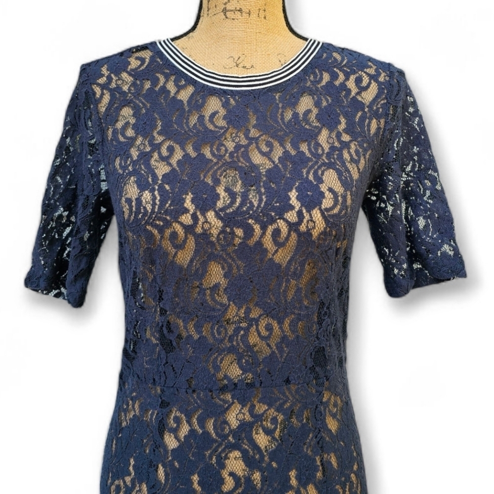 Hope & Harlow Chic Navy Sheath Lace Midi Dress,Size 8 - Picture 2 of 6